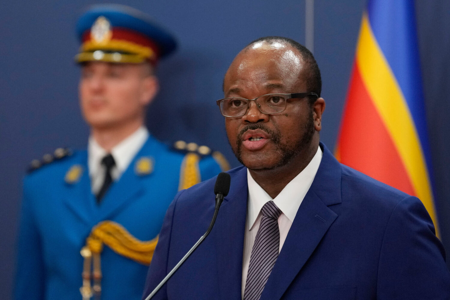 FILE - Eswatini's King Mswati III speaks during a news conference after talks with Serbian Presiden...