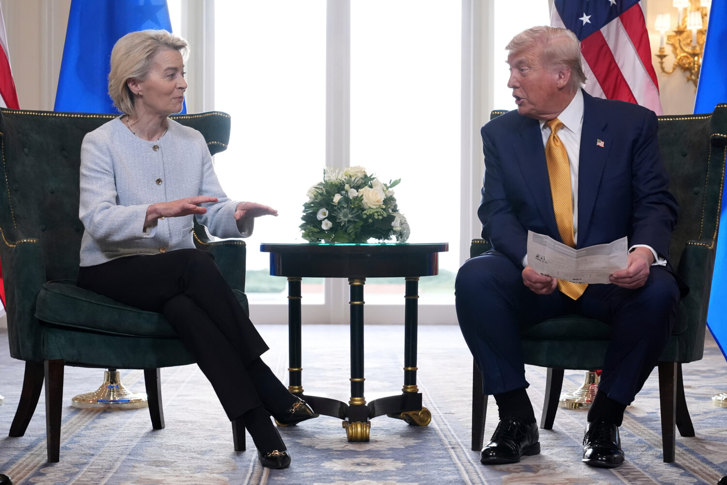 FILE - President Donald Trump and European Commission President Ursula von der Leyen talk after rea...
