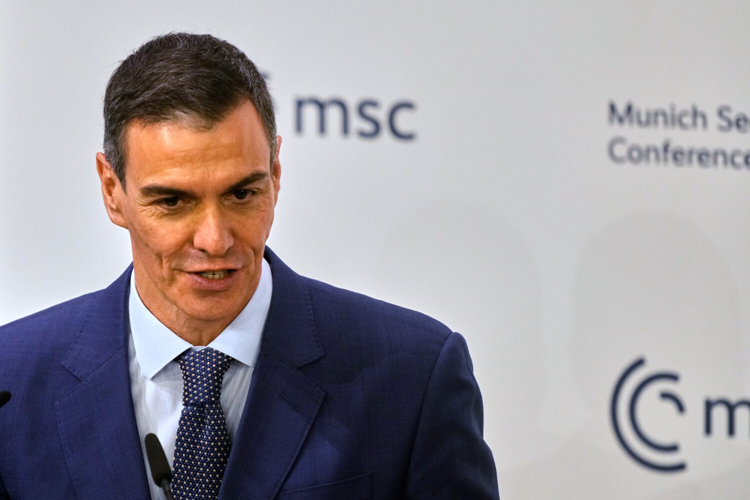 Spain's Prime Minister Pedro Sanchez speaks during a panel discussion at the Munich Security Confer...