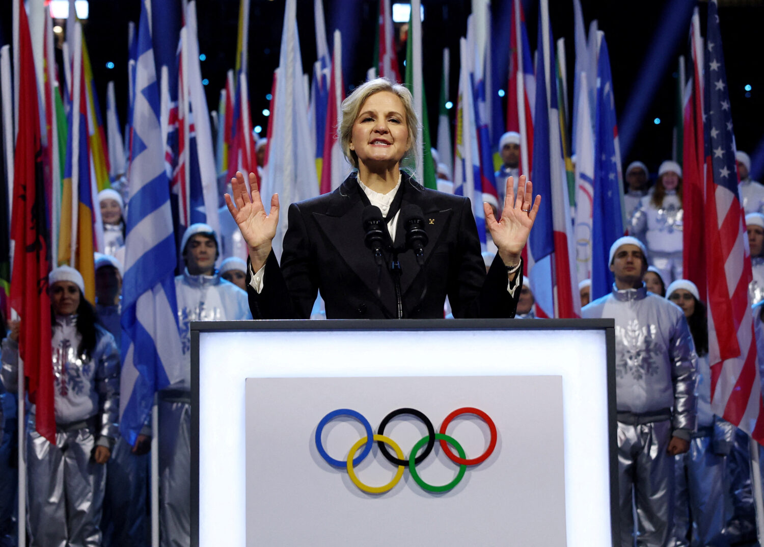 FILE - IOC President Kirsty Coventry speaks during the Olympic opening ceremony at the 2026 Winter ...