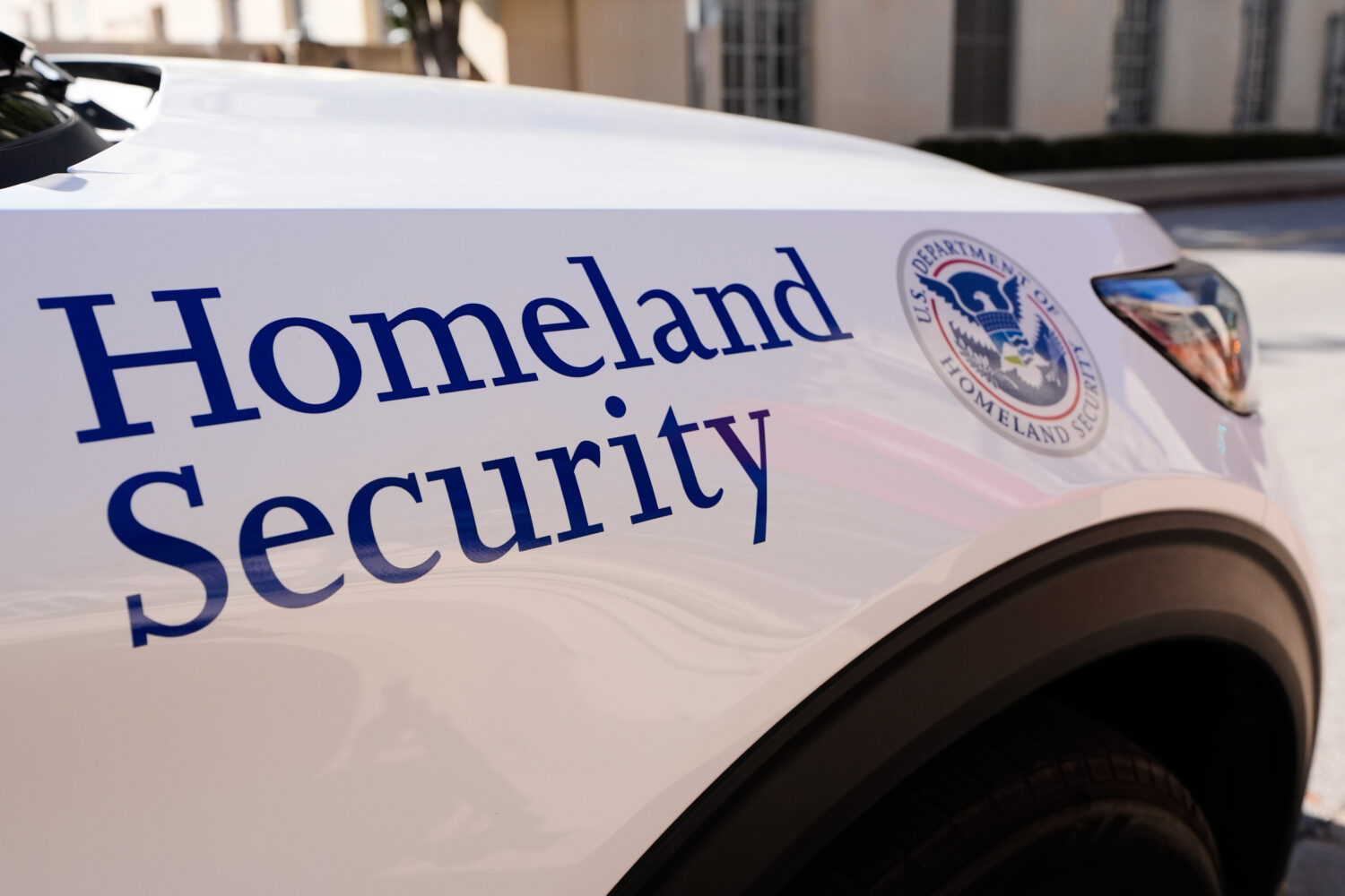 A Homeland Security vehicle is parked outside the Eldon B. Mahon U.S. Courthouse during a trial for...