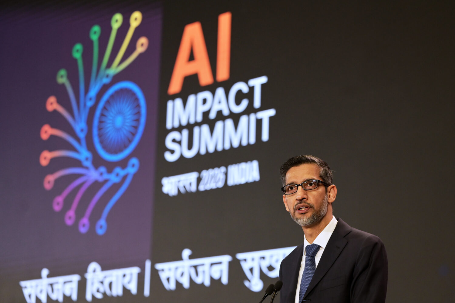 Google CEO Sundar Pichai speaks at the AI Impact Summit in New Delhi, India, Friday, Feb. 20, 2026....
