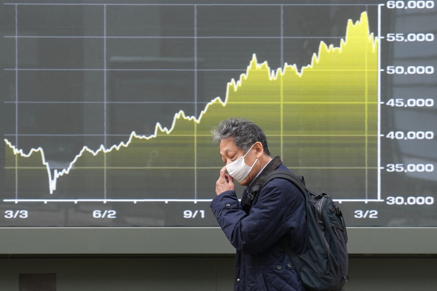 A person walks in front of an electronic stock board showing Japan's Nikkei index at a securities f...