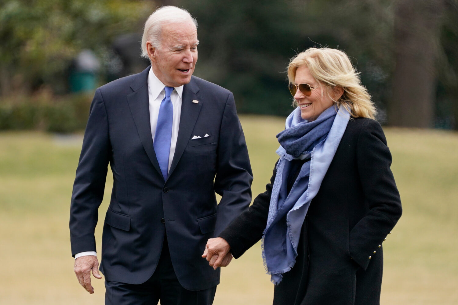 FILE - President Joe Biden and first lady Jill Biden arrive on the South Lawn of the White House, J...
