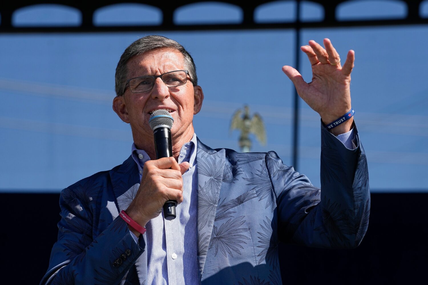FILE - Former national security adviser Michael Flynn speaks during a "rosary rally" on Aug. 6, 202...