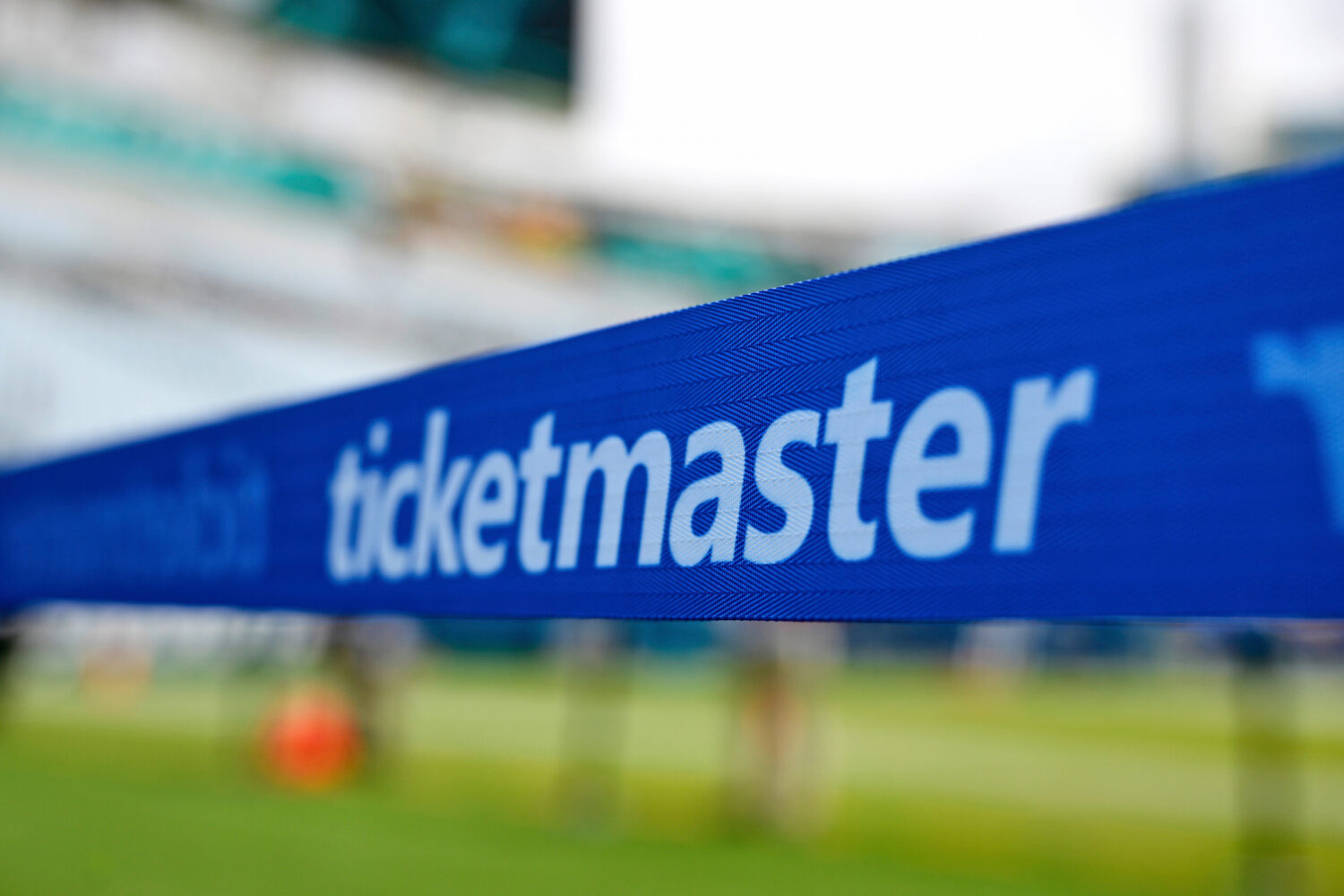 FILE - The Ticketmaster logo is seen along the sideline of the field before an NFL football game, S...