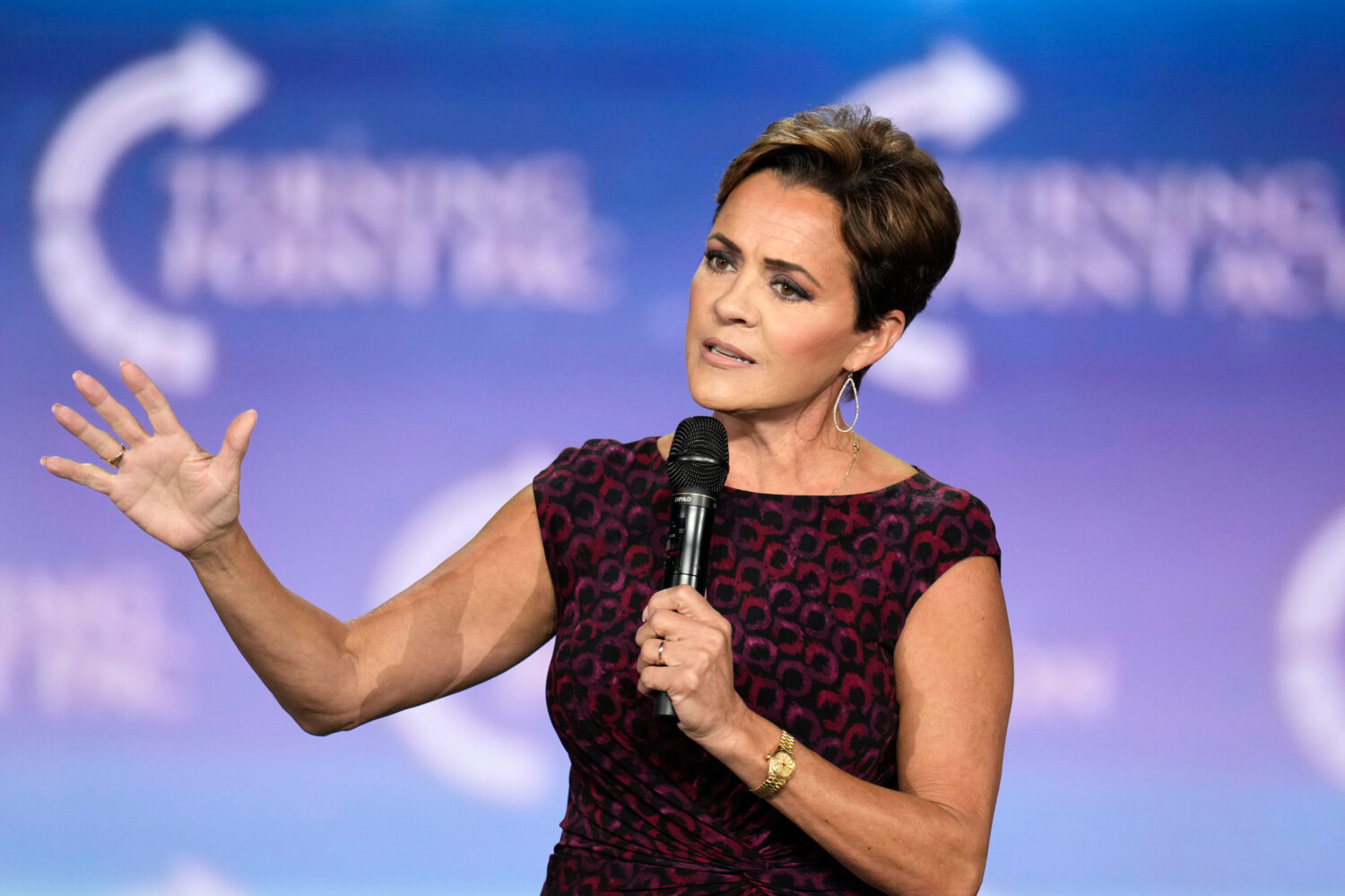 FILE - Kari Lake speaks to supporters at a campaign event, Sept. 4, 2024, in Mesa, Ariz. (AP Photo/...
