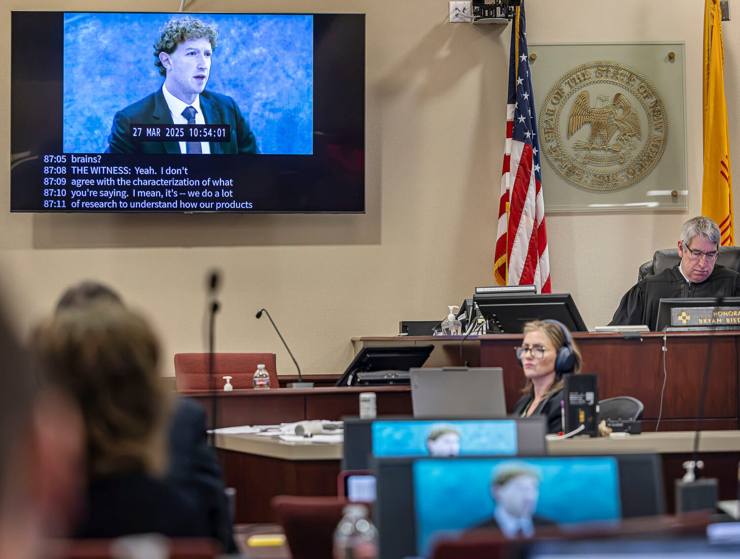 A recording of Meta Founder and CEO Mark Zuckerberg's deposition is played for the jurors on Wednes...