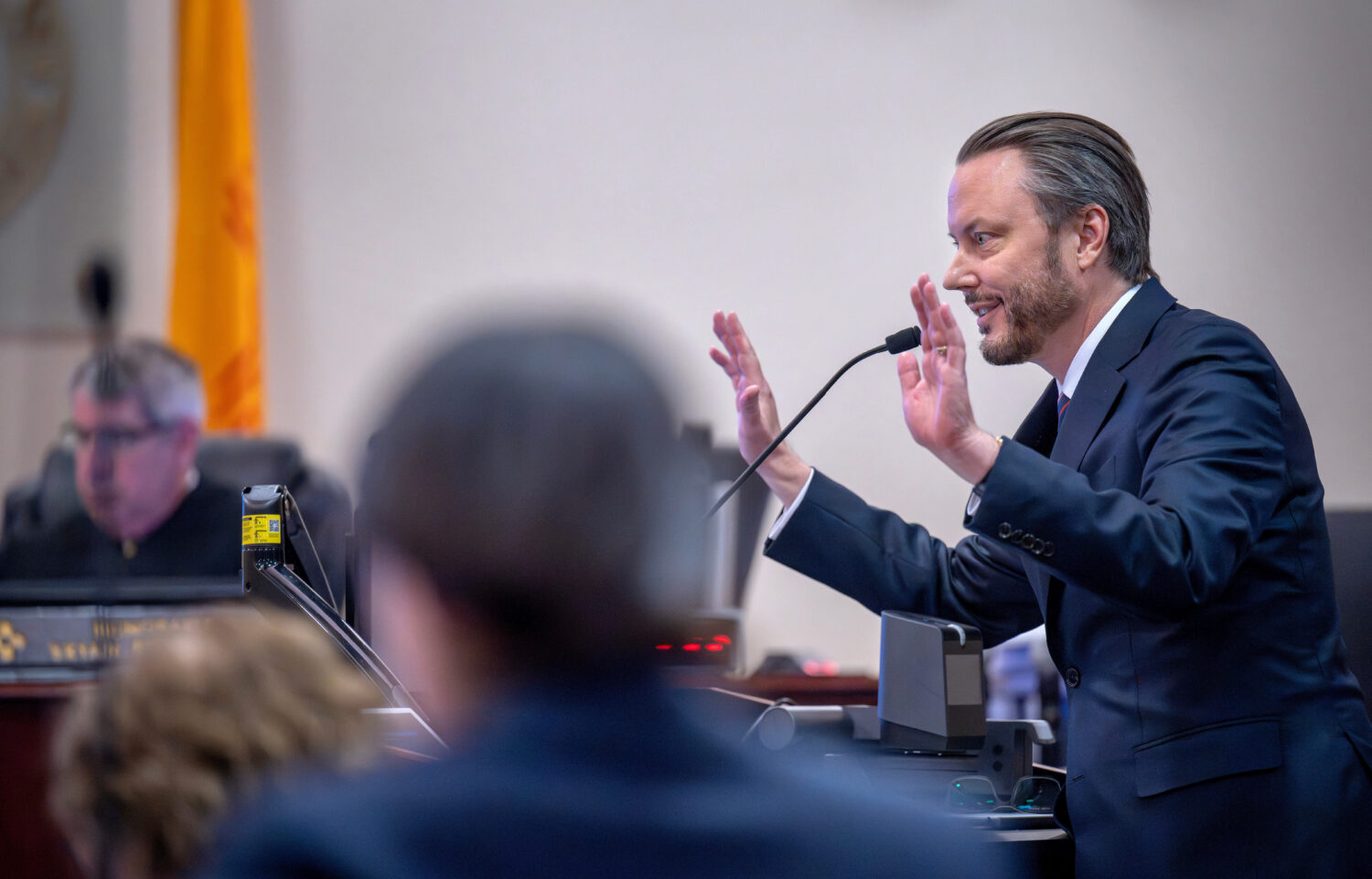 Meta attorney Kevin Huff makes closing arguments, Monday, March 23, 2026, in state court, in Santa ...