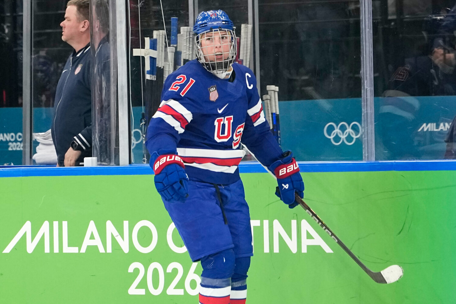 United States' Hilary Knight (21) celebrates after scoring her side's opening goal during a women's...