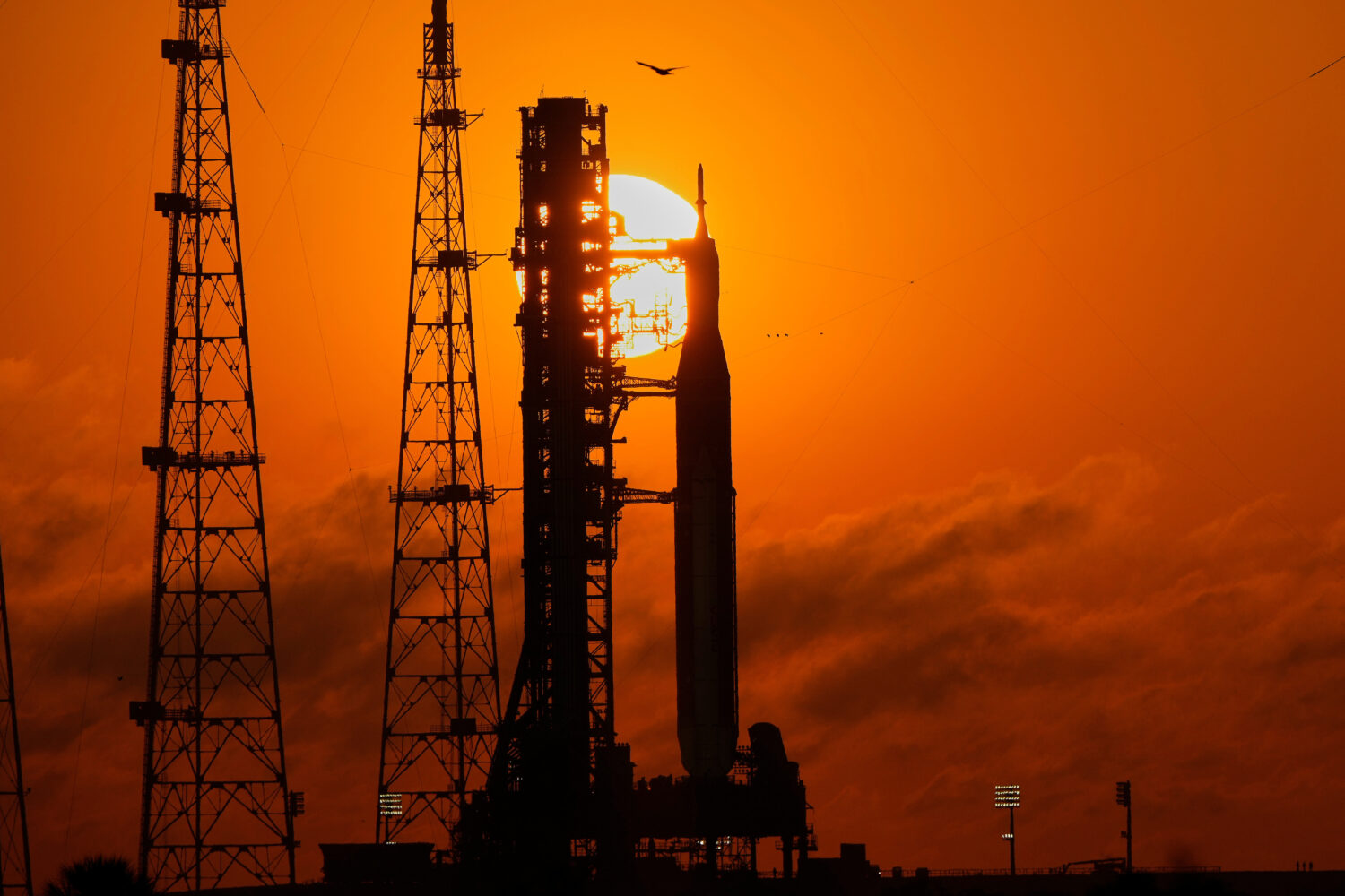 NASA's Space Launch System rocket with the Orion spacecraft set for the Artemis 2 mission is seen o...