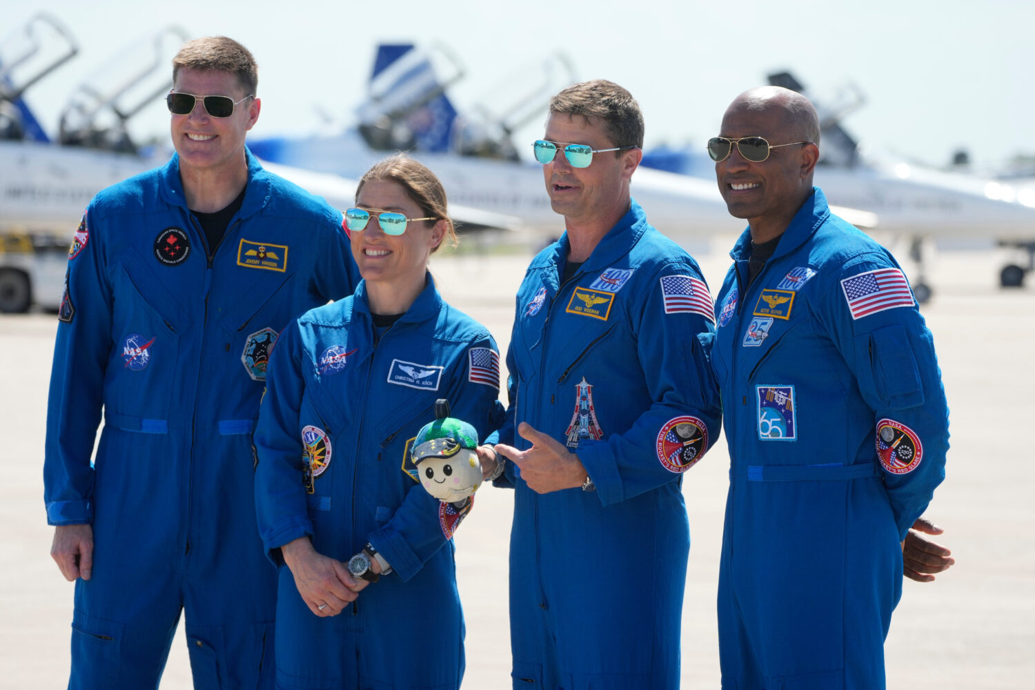 Artemis 2 crew members, from left, Mission Spc. Jeremy Hansen, of Canada, Mission Spc. Christina Ko...