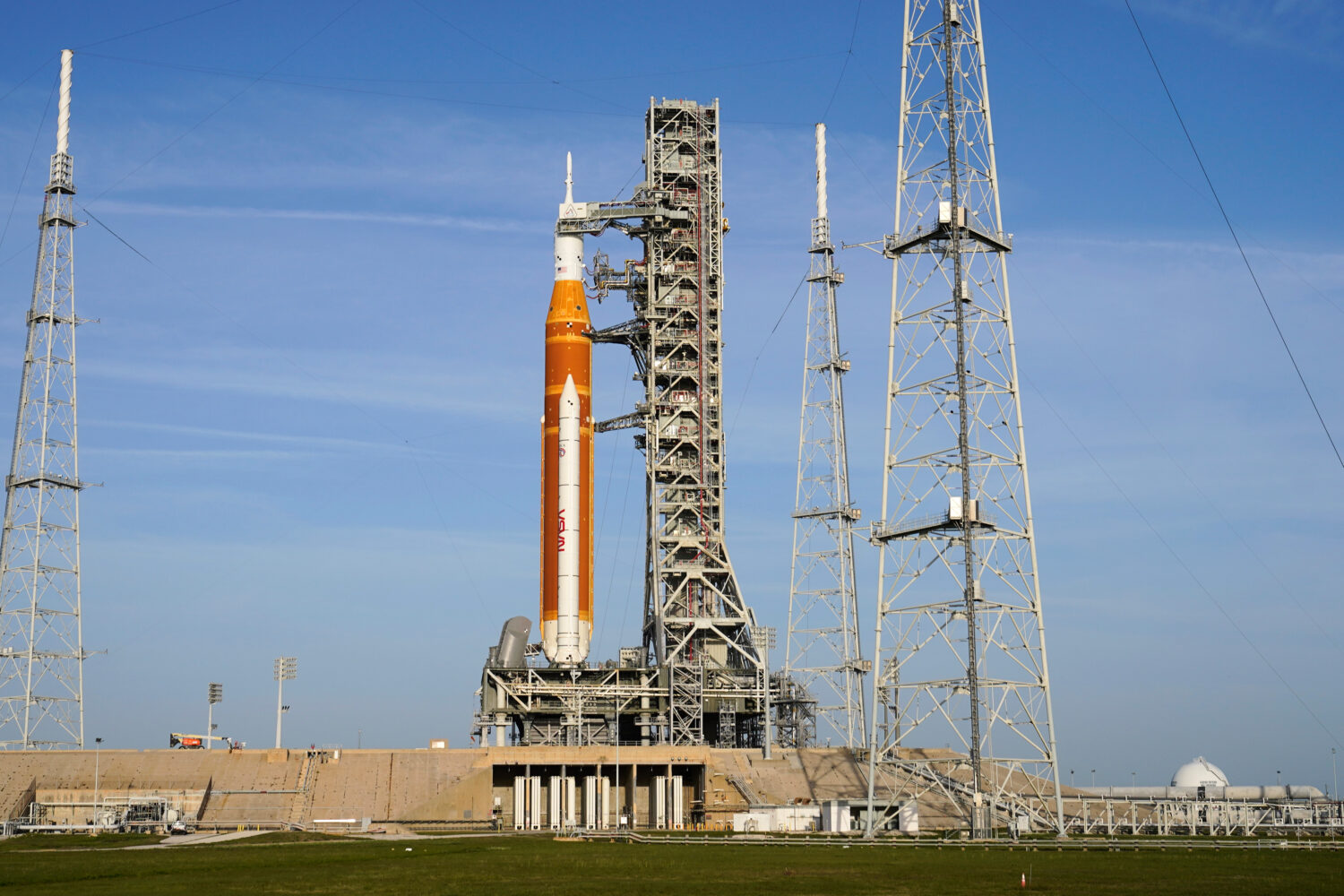 The NASA Artemis II SLS (Space Launch System) rocket with the Orion spacecraft is seen at Launch Co...