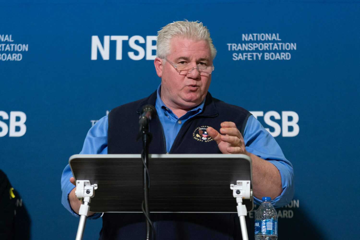 FILE - National Transportation Safety Board member Todd Inman speaks with reporters at Ronald Reaga...