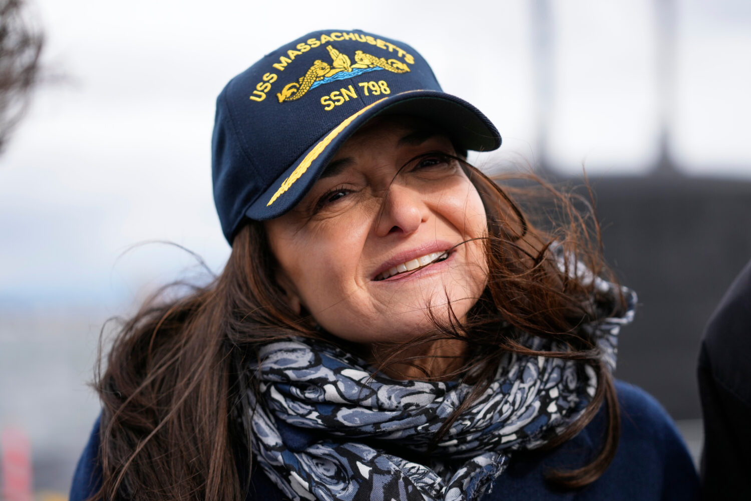 Sheryl Sandberg, the ship sponsor of the USS Massachusetts, attends a rehearsal ahead of the commis...