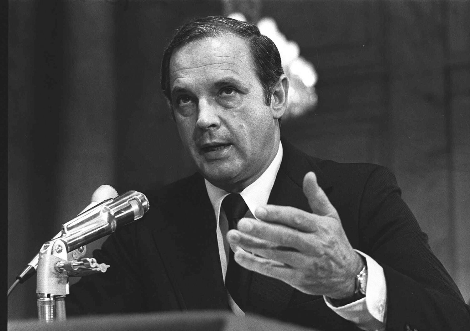 FILE - Alexander Butterfield, testifies, July 16, 1973 before the Senate Watergate Committee. Butte...
