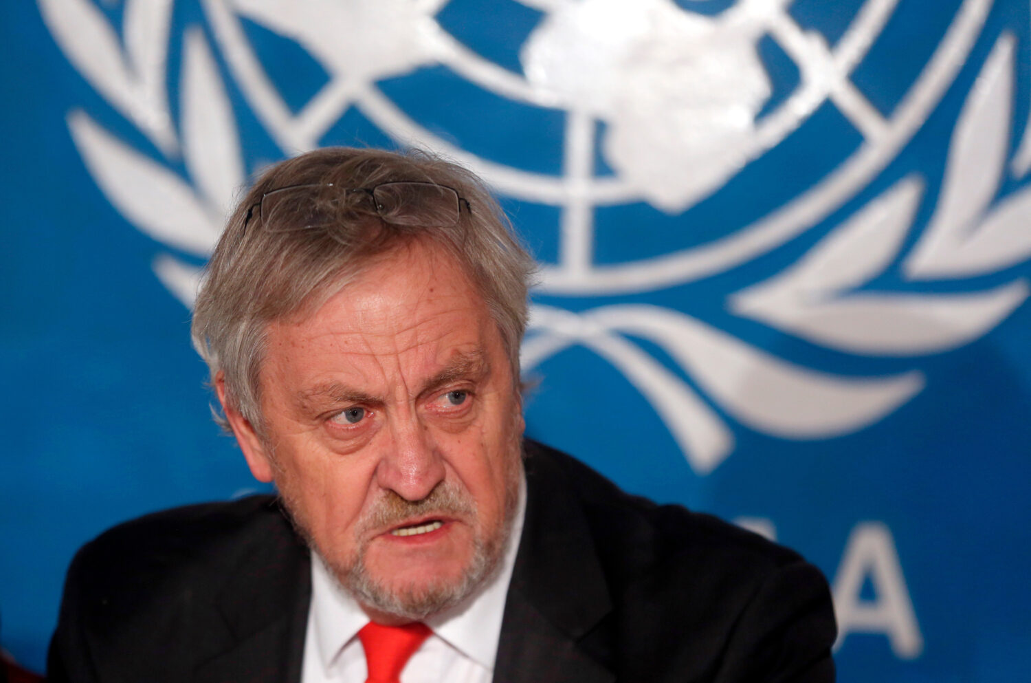 FILE - Nicholas Haysom, United Nations envoy in Afghanistan, speaks during a press conference in Ka...