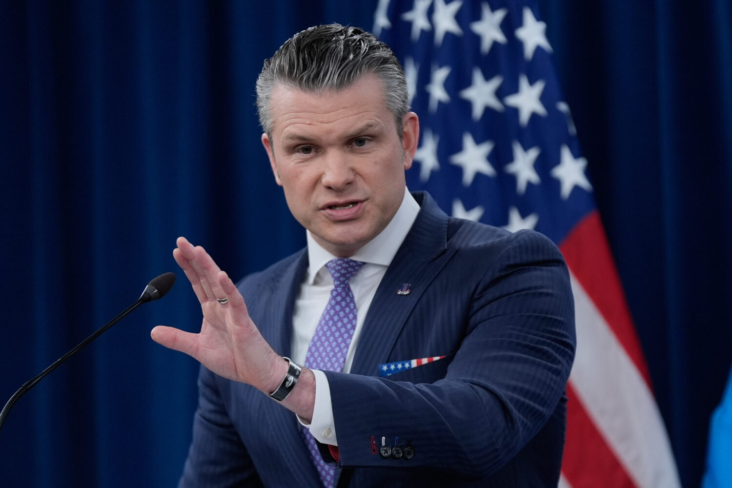 Defense Secretary Pete Hegseth speaks to members of the media during a press briefing at the Pentag...