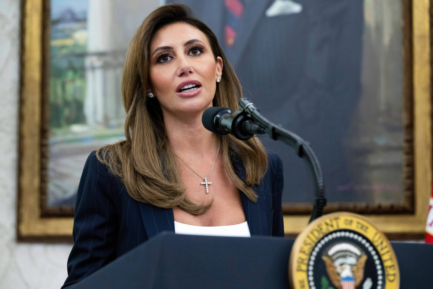 FILE - Alina Habba speaks after being sworn in as interim US Attorney General for New Jersey, in th...
