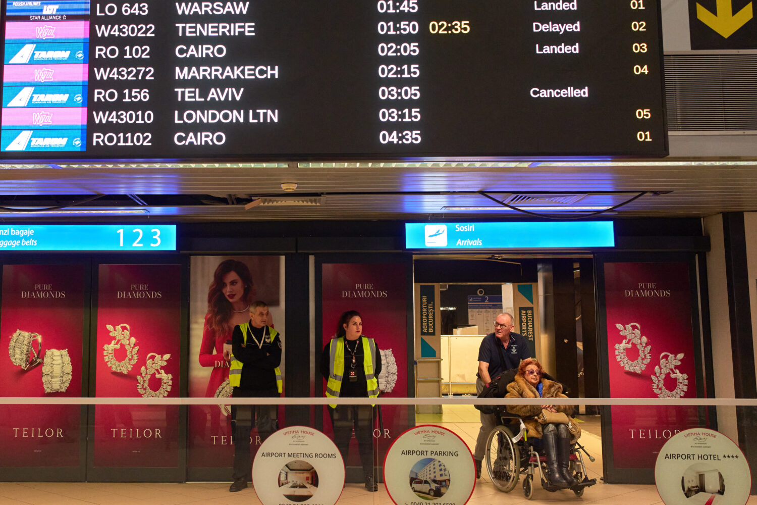 A display in the arrivals terminal of the Henri Coanda International Airport shows cancelled flight...