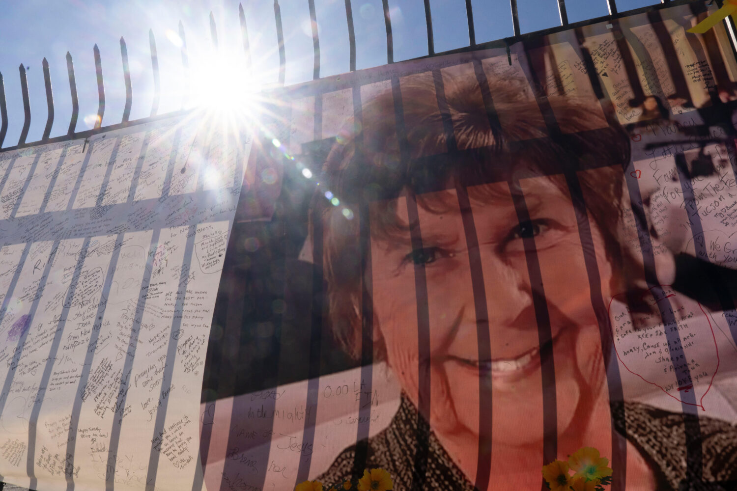 A banner with notes from hundreds of well-wishers and an image of Nancy Guthrie, the missing mother...