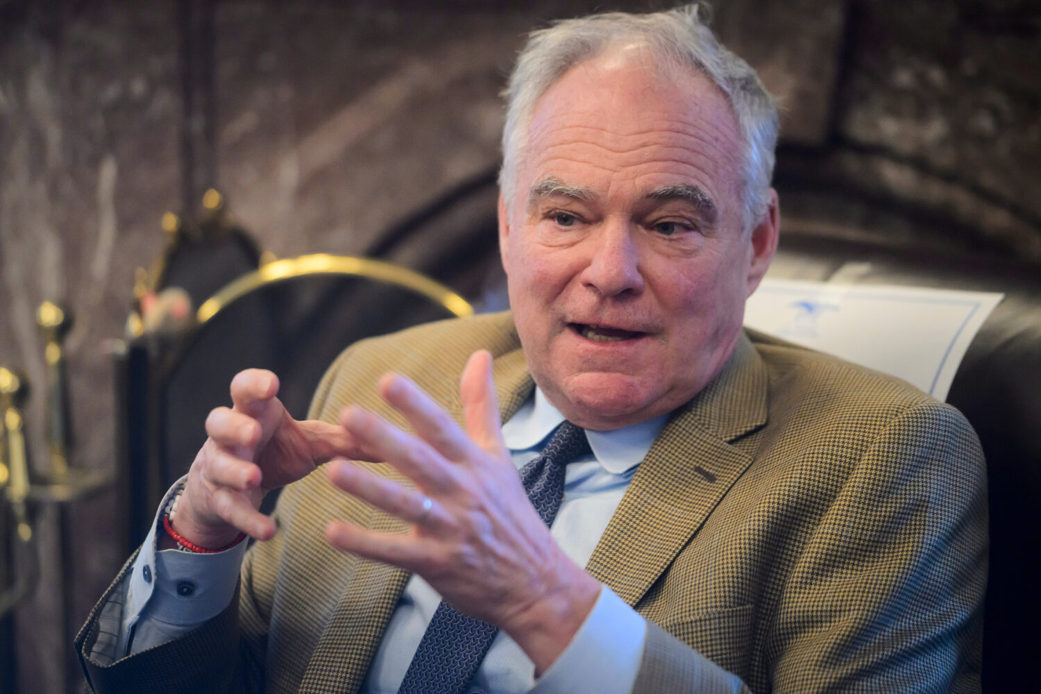 FILE - Sen. Tim Kaine, D-Va., speaks during a press briefing on the Iran war powers resolution at t...