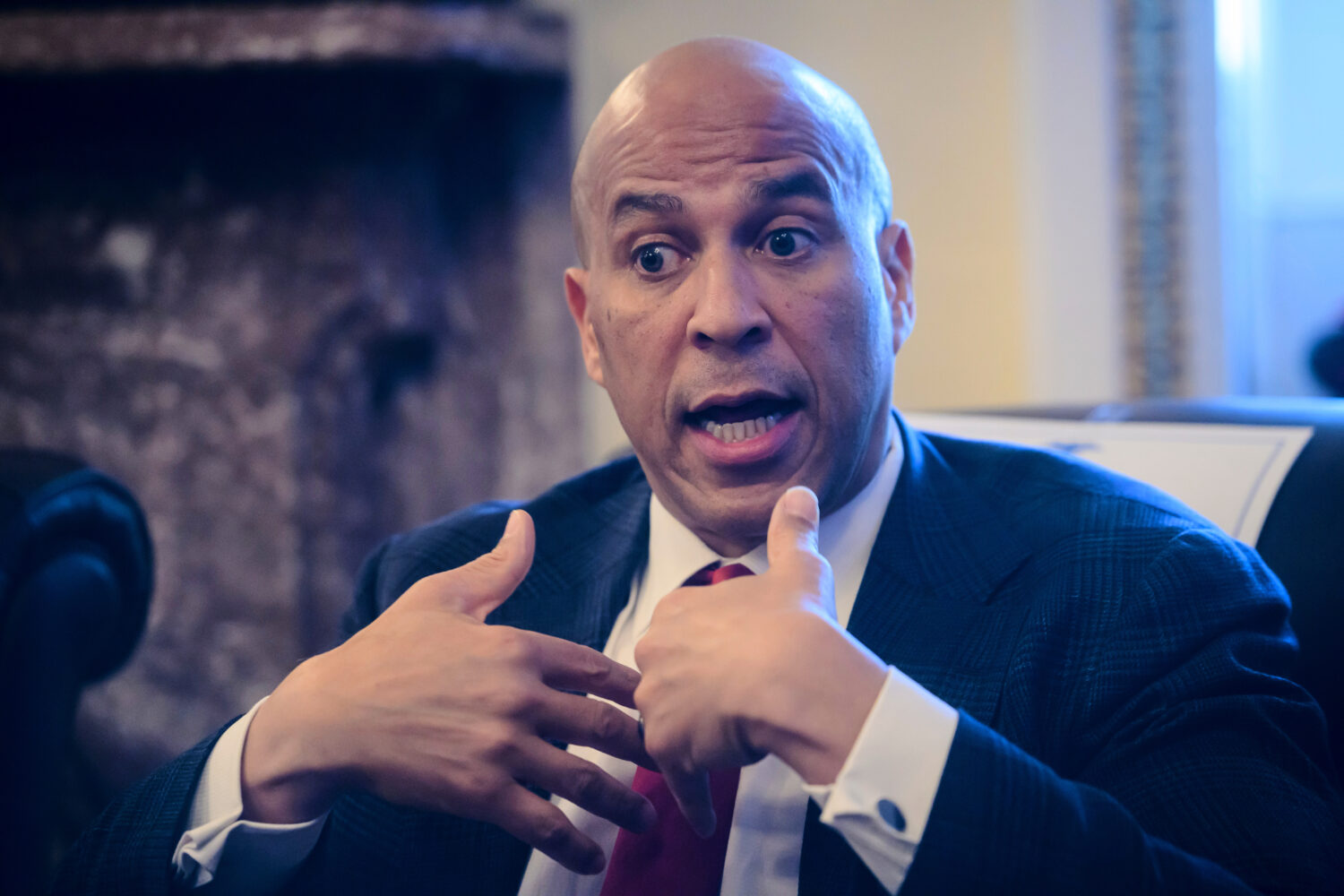 Sen. Cory Booker, D-N.J., speaks during a press briefing on the Iran war powers resolution at the C...