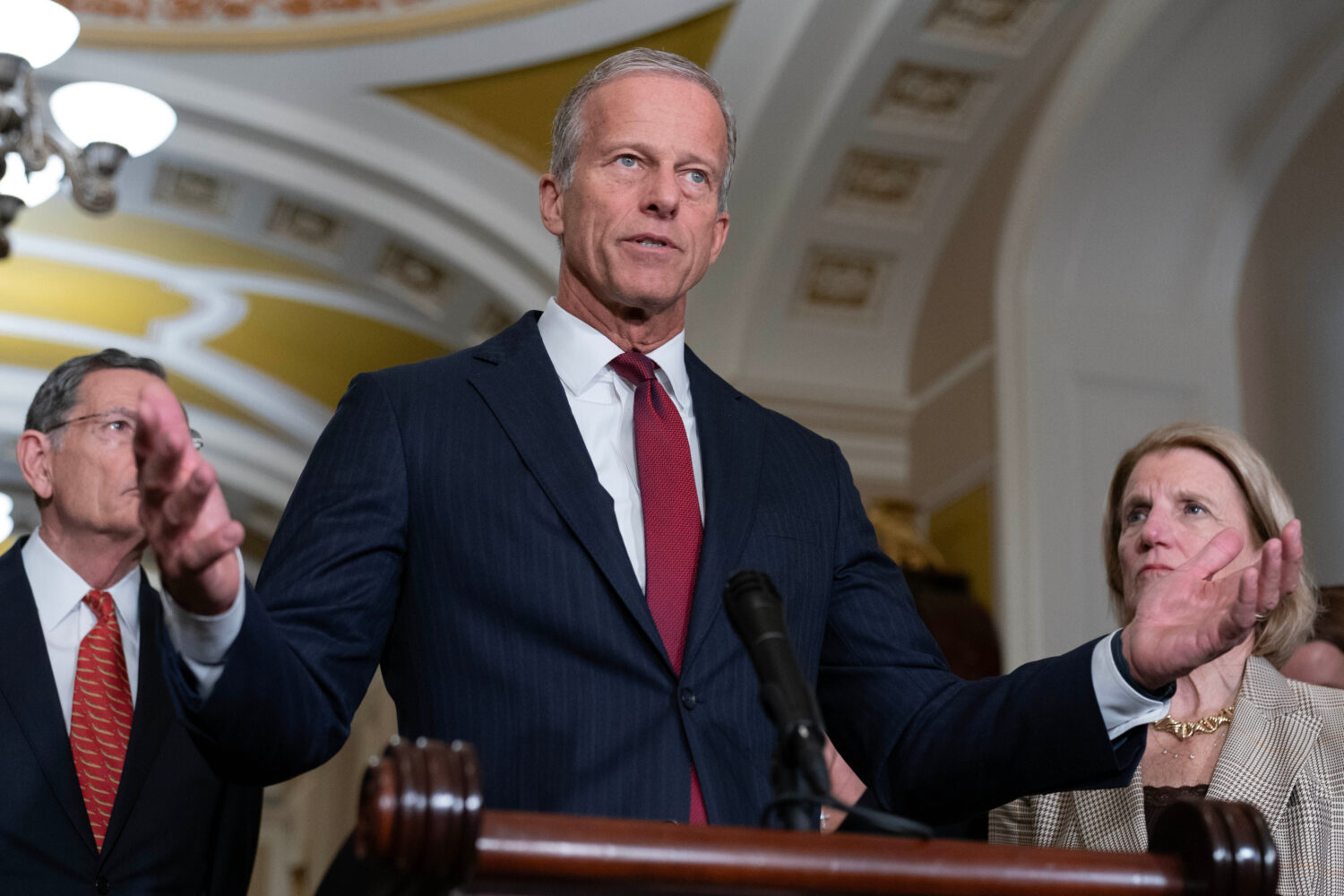 Senate Majority Leader John Thune, R-S.D., speaks to reporters after a weekly Republican luncheon, ...