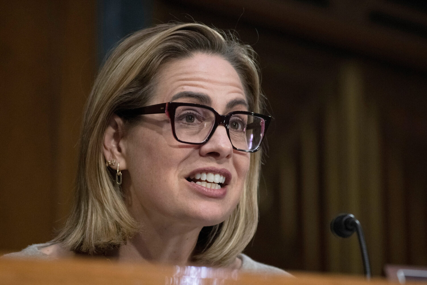 FILE - Sen. Kyrsten Sinema, I-Ariz., questions witnesses during a Senate Banking, Housing and Urban...