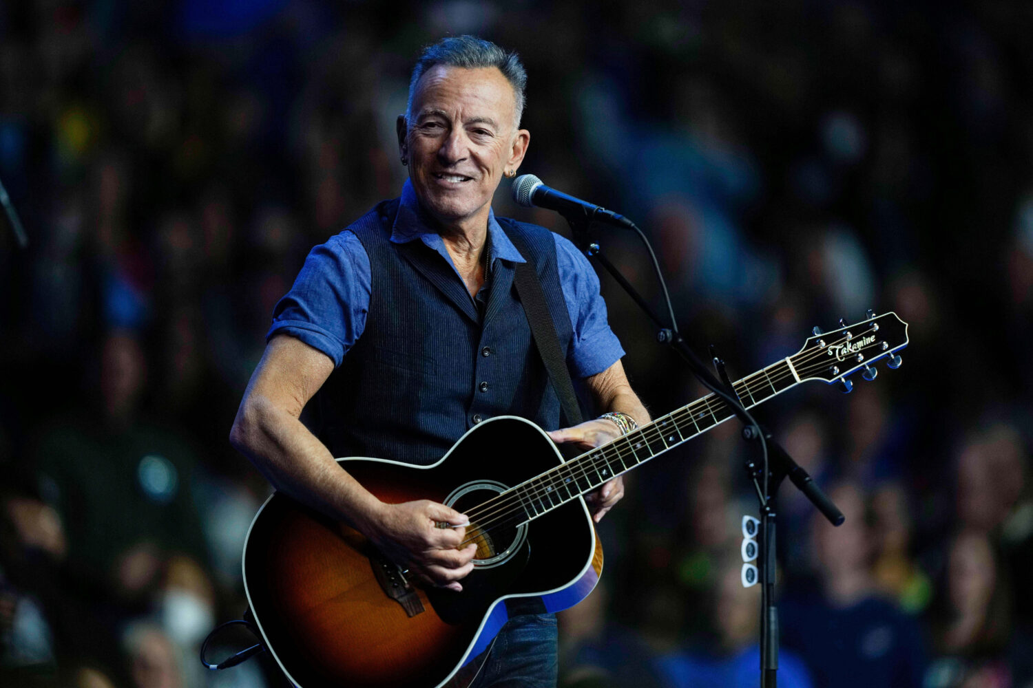 FILE - Bruce Springsteen performs at a campaign rally supporting Democratic presidential nominee Vi...