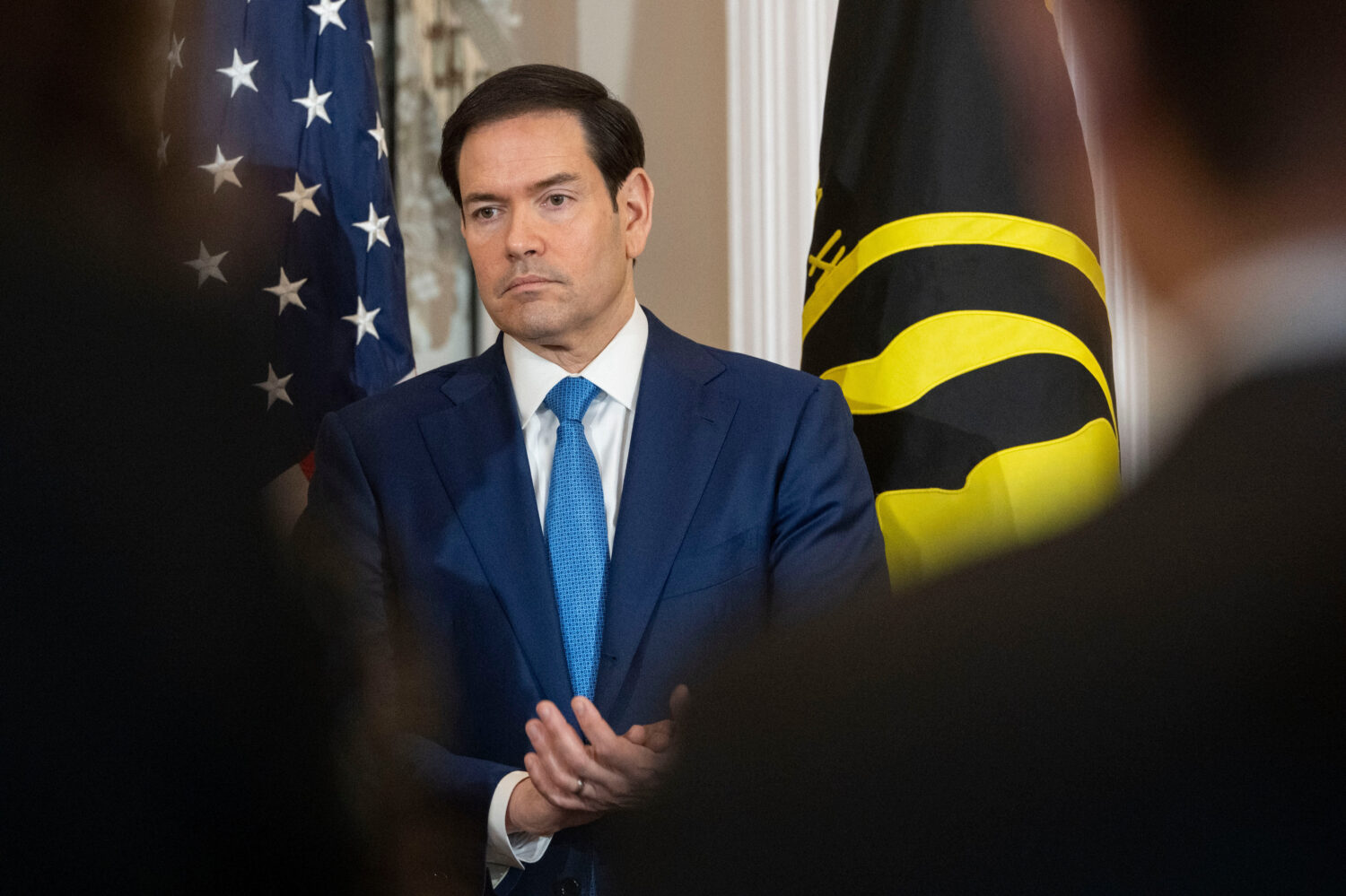 Secretary of State Marco Rubio takes part in a U.S. Hostage and Wrongful Detainee Flag Raising cere...