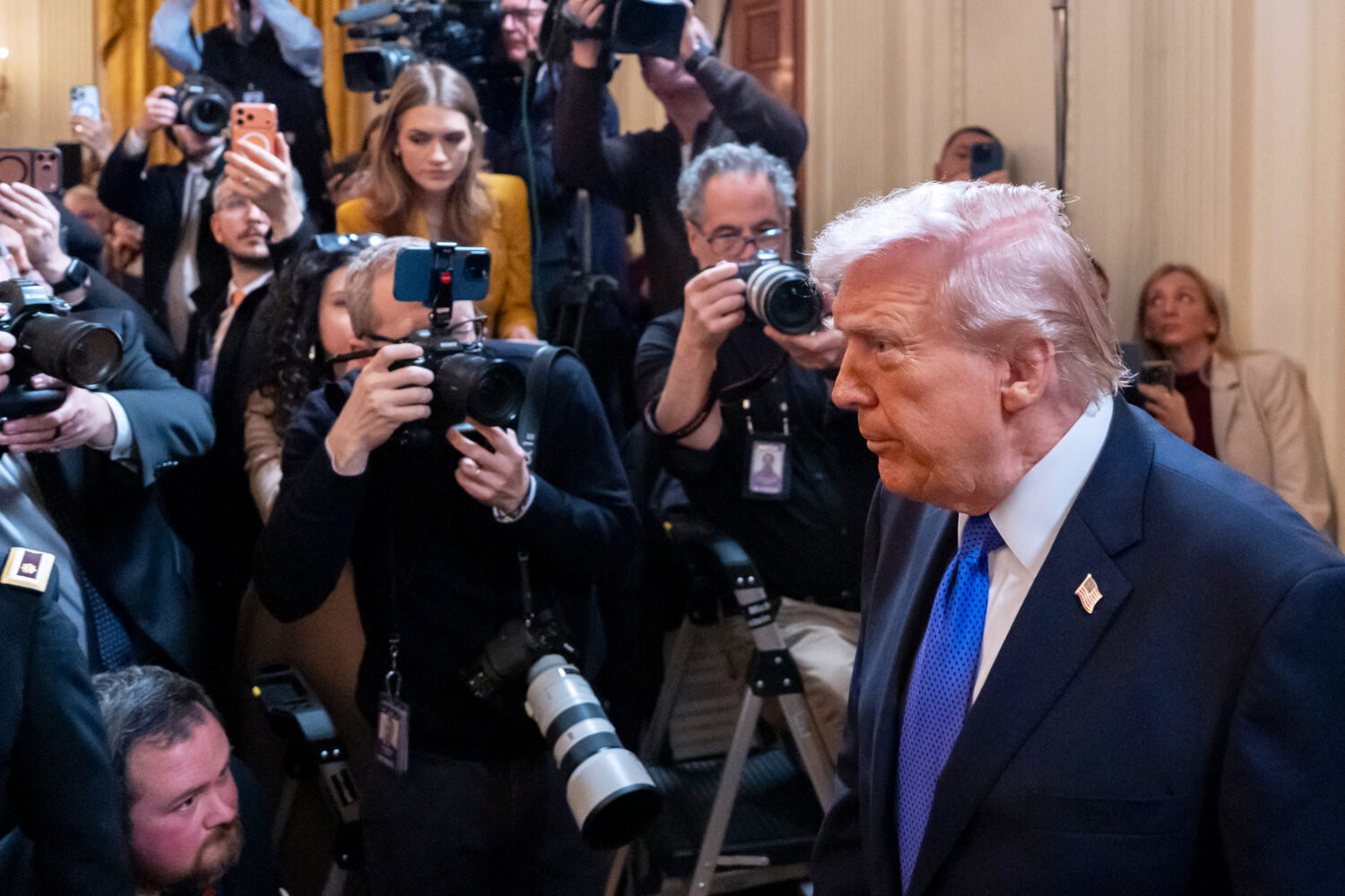 President Donald Trump arrives for a Medal of Honor ceremony in the East Room of the White House, M...