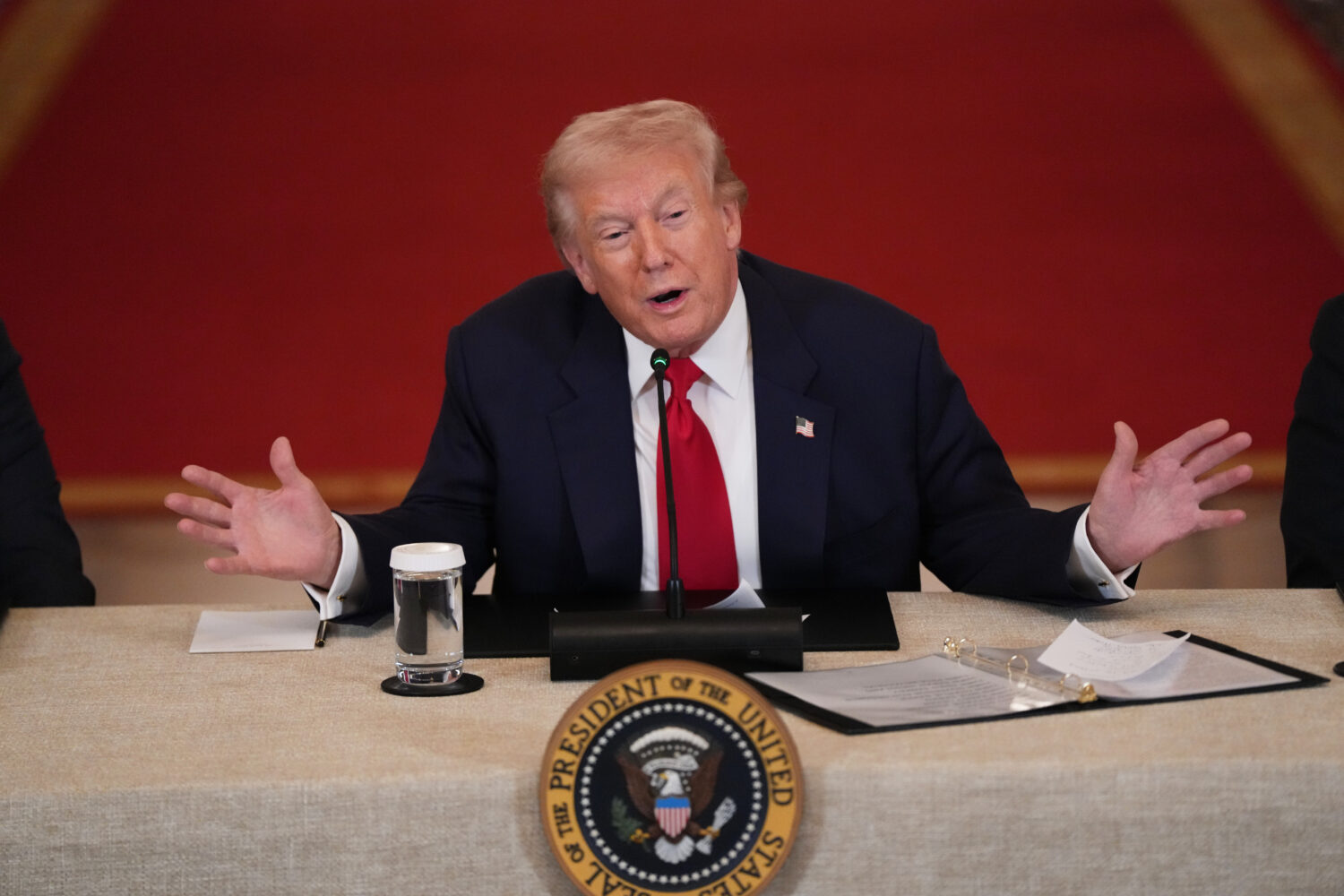 President Donald Trump speaks during a roundtable discussion on college sports in the East Room of ...