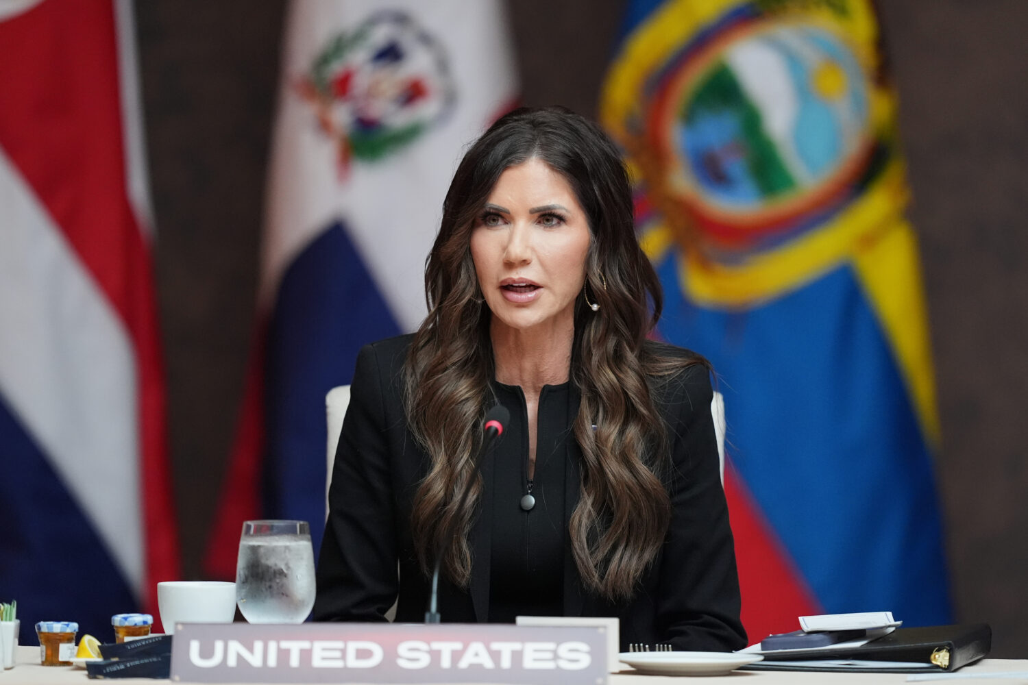 Secretary of Homeland Security Kristi Noem delivers remarks at a working lunch at the Shield of the...