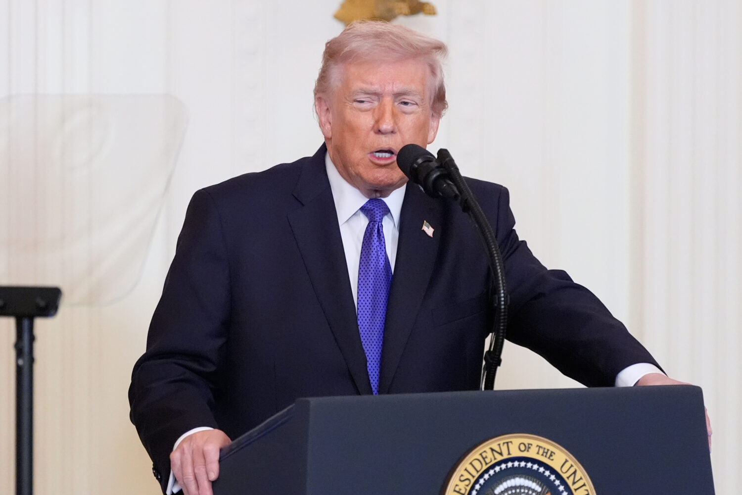 President Donald Trump speaks about Iran before a Medal of Honor ceremony in the East Room of the W...