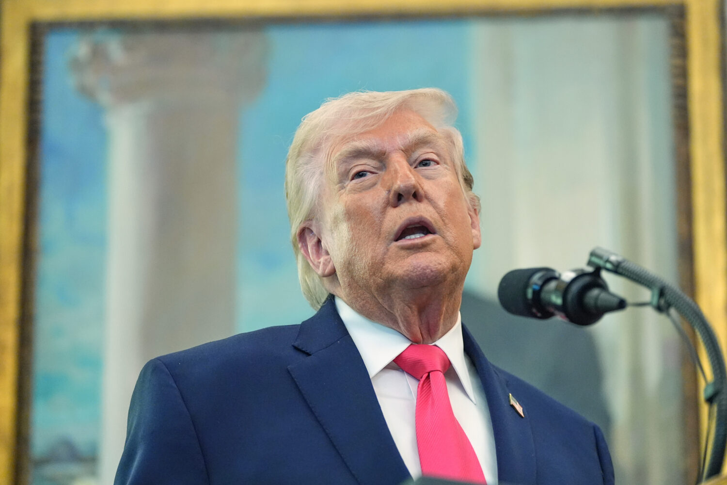 President Donald Trump speaks during the swearing in for Homeland Security Secretary Markwayne Mull...