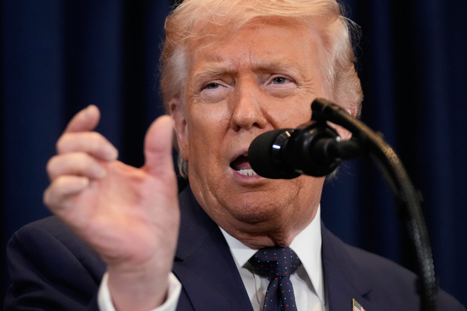 President Donald Trump speaks at a news conference, Monday, March 9, 2026, at Trump National Doral ...