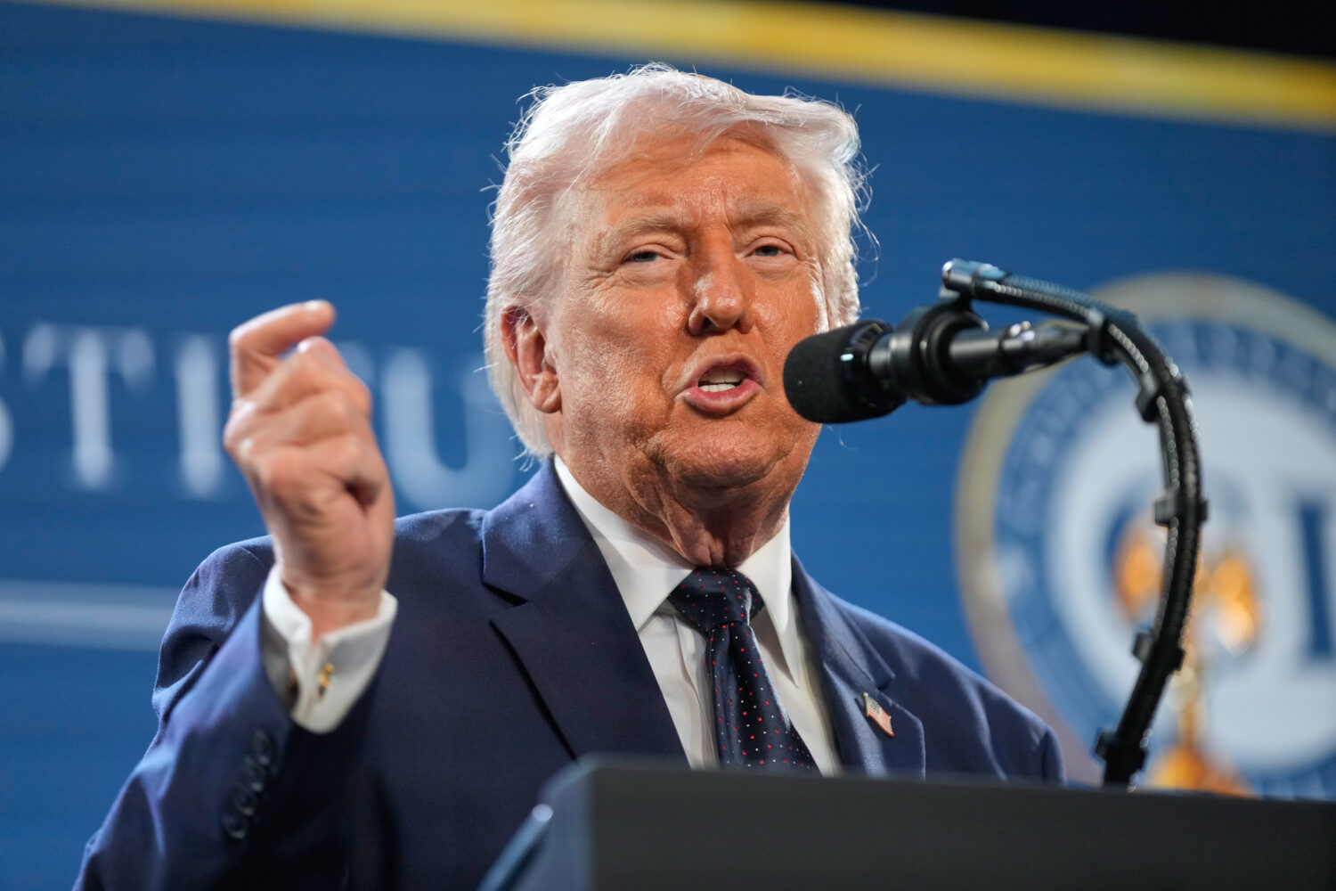 President Donald Trump speaks at the Republican Members Issues Conference, Monday, March 9, 2026, a...