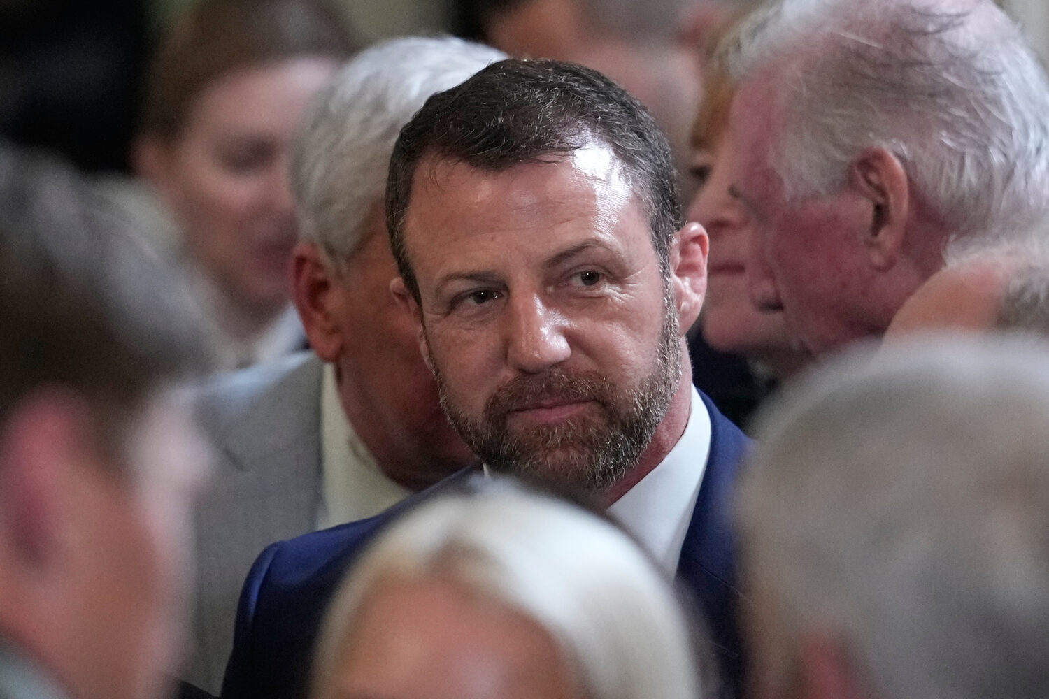 Sen. Markwayne Mullin, R-Okla., arrives before Ireland's Prime Minister Micheál Martin presents Pr...