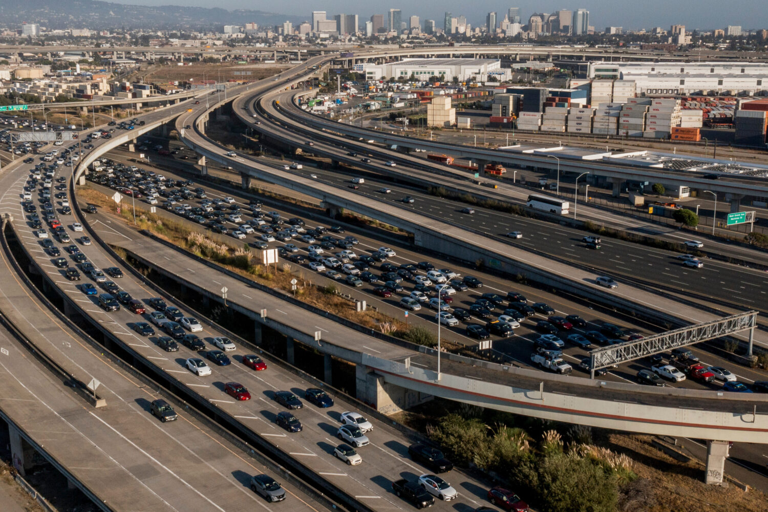 FILE - Vehicles driving westbound for the Bay Bridge from Oakland, Calif., Sept. 26, 2025. (Santiag...