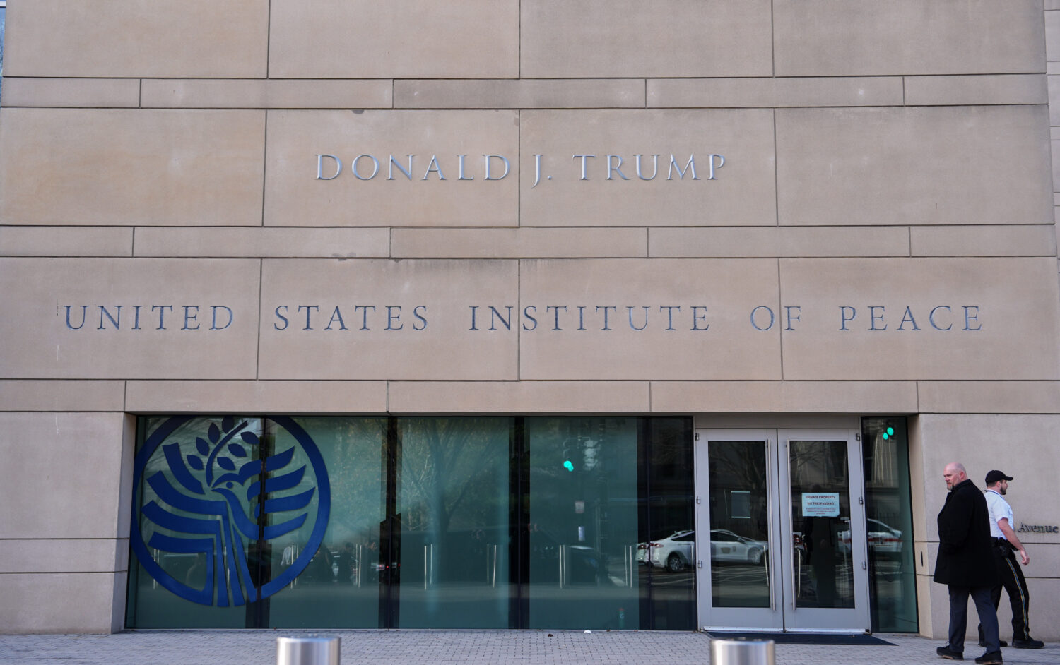 FILE - President Donald Trump's name is seen on the U.S. Institute of Peace building, Dec. 4, 2025,...