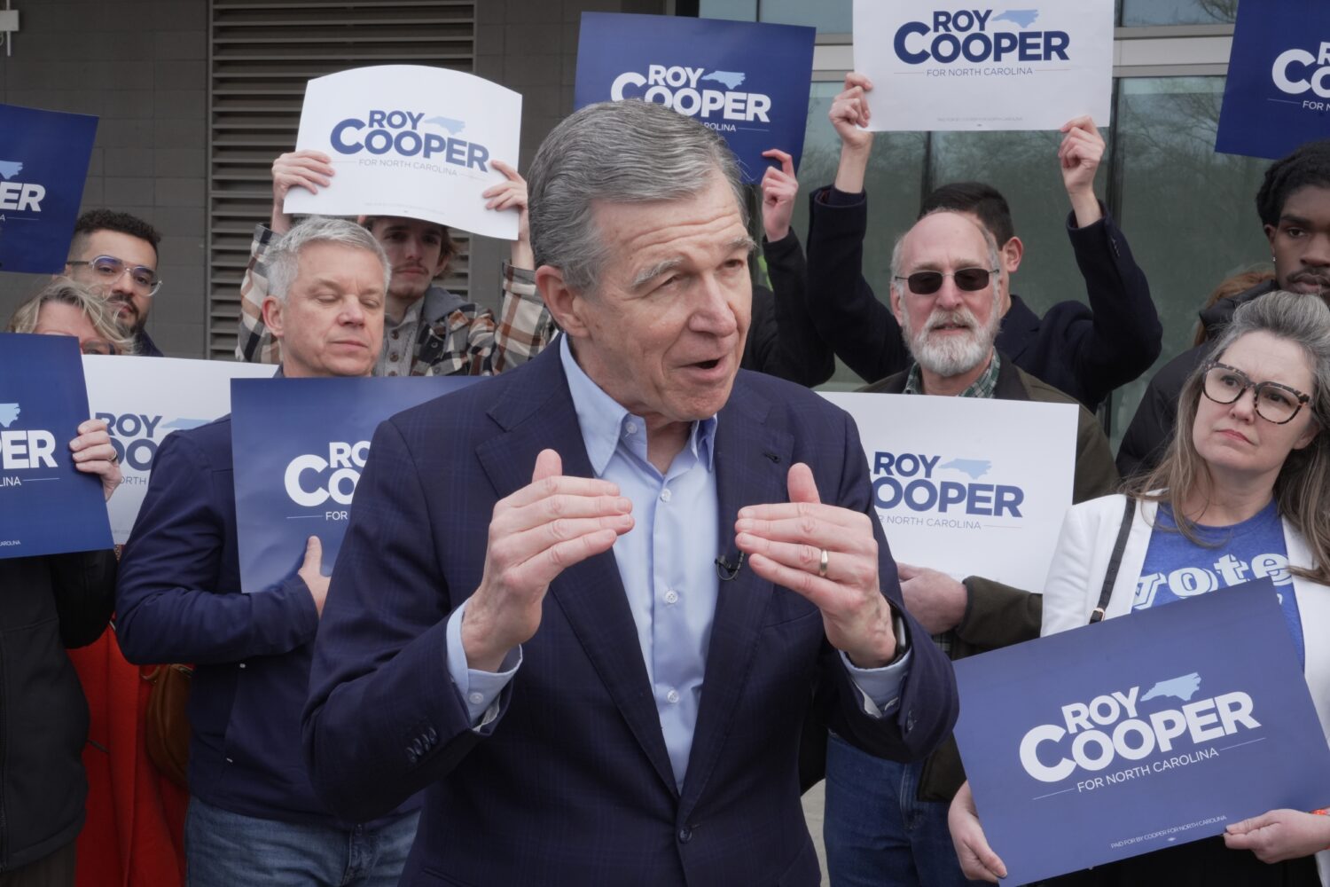 Democratic former Gov. Roy Cooper, who is running for U.S. Senate, speaks to reporters after castin...