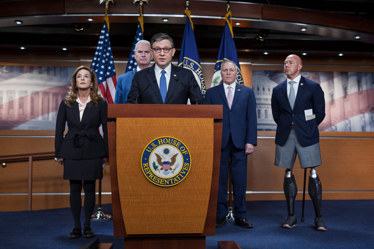 Speaker of the House Mike Johnson, R-La., joined from left by Rep. Lisa McClain, R-Mich., Majority ...