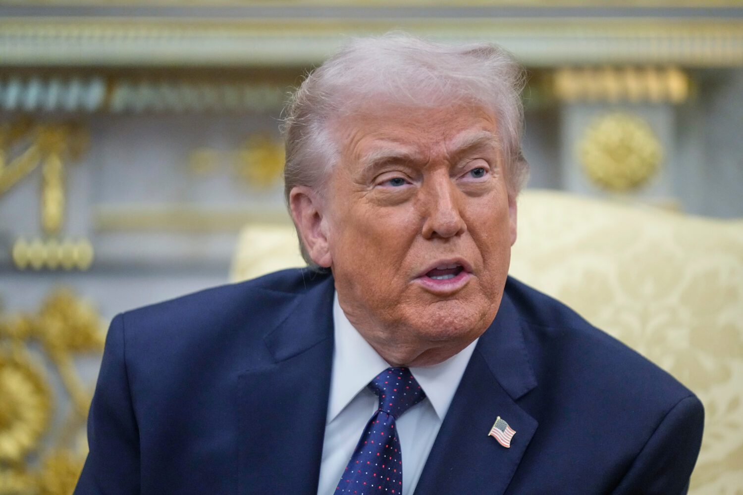 FILE - President Donald Trump speaks during a meeting with German Chancellor Friedrich Merz in the ...