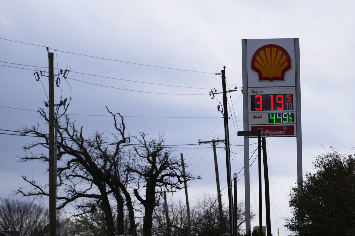 Gas prices are seen on a Shell station marqee Monday, March 9, 2026, in Arlington, Texas. (AP Photo...