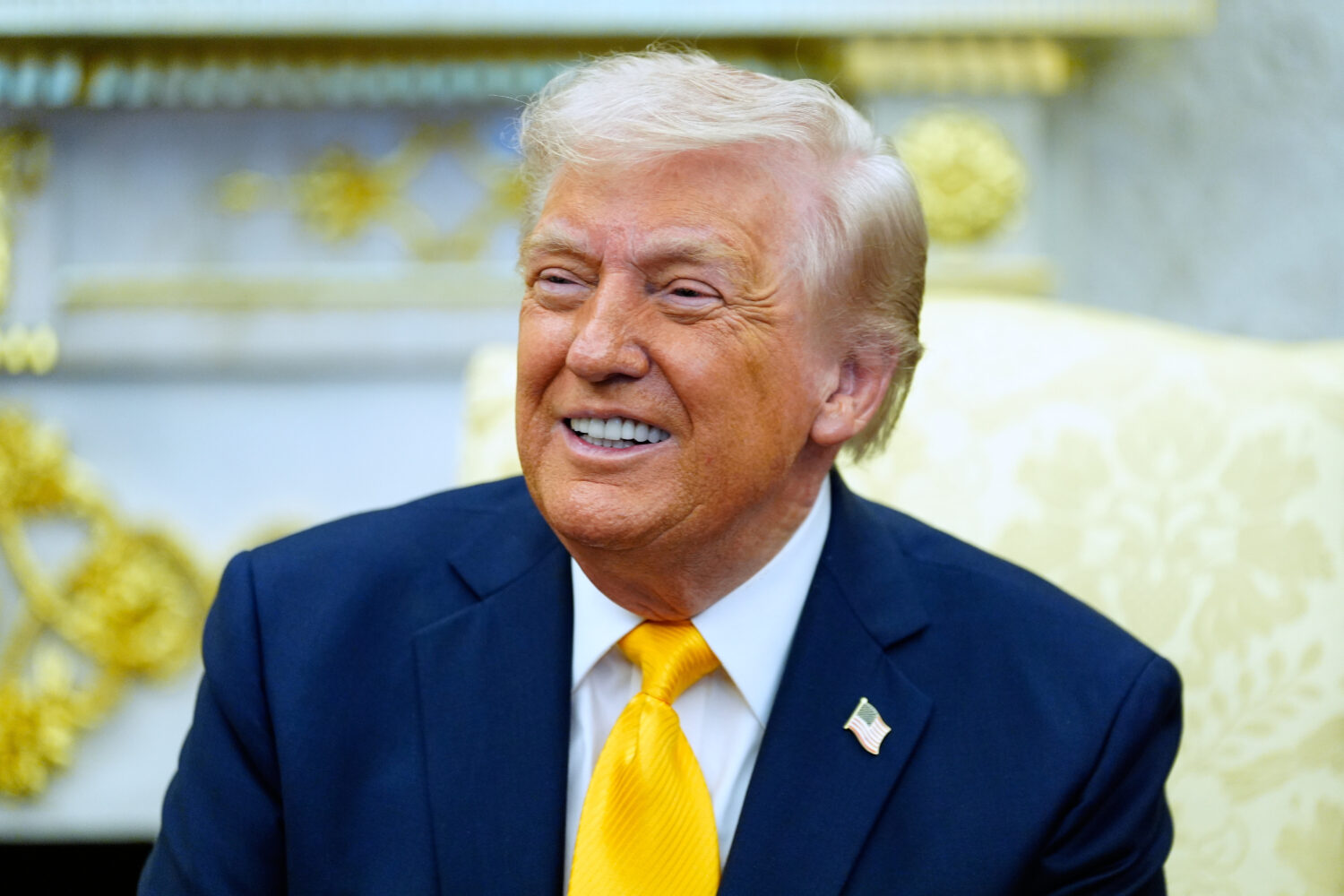 President Donald Trump speaks during a meeting with Japan's Prime Minister Sanae Takaichi in the Ov...
