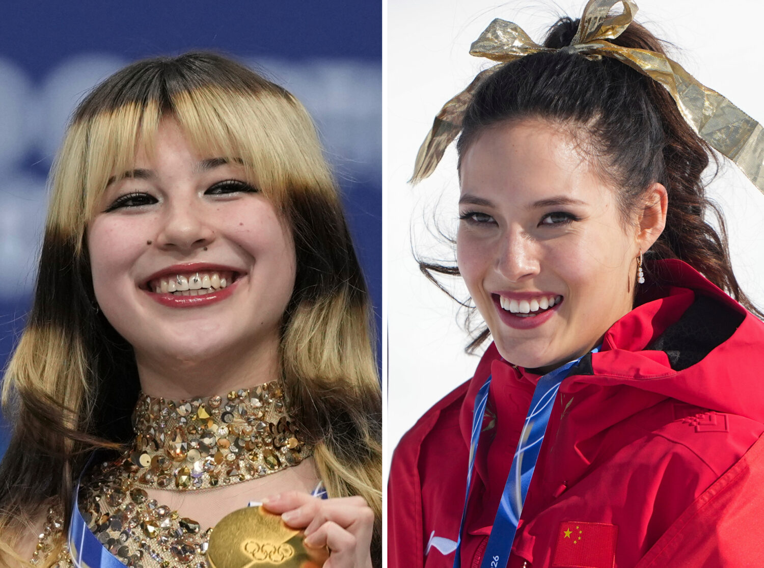 This photo combo shows, from left, Gold medalist Alysa Liu of the United States in Milan, Italy, Th...