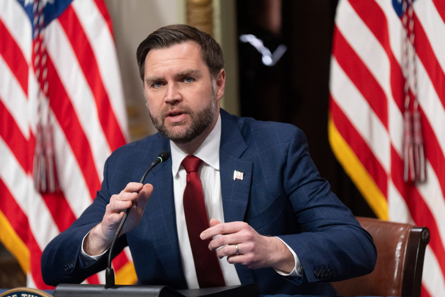 Vice President JD Vance, chair of the newly formed Task Force to Eliminate Fraud, speaks during the...