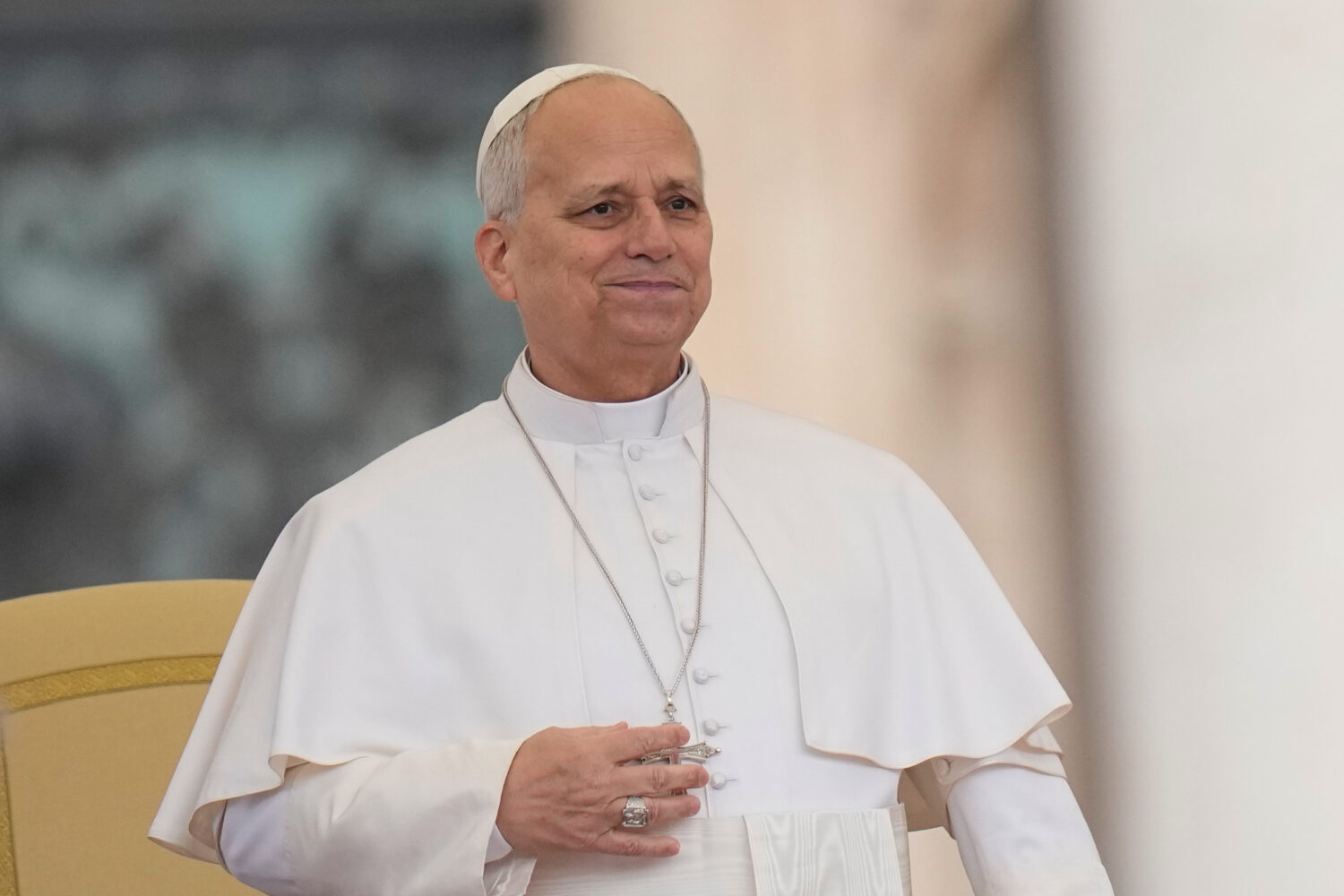 Pope Leo XIV holds his weekly general audience in St. Peter's Square, at the Vatican, Wednesday, Ma...