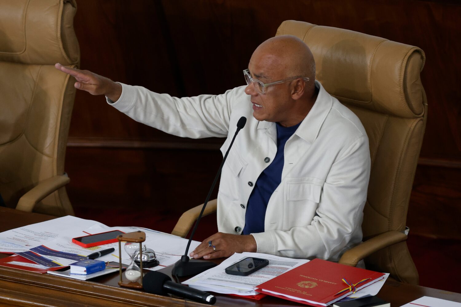National Assembly President Jorge Rodriguez gestures during a debate on a mining bill at the Nation...